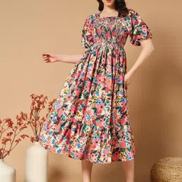 Raiyani Enterprise Women Floral Printed Smocked Puff Sleeve Fit & Flare Dress-picture-31