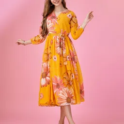 MOJILAA Floral Printed Georgette Wrap Midi Dress-image-13