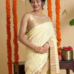 TEEJH Women Striped Zari Tissue Kasavu Saree-image-72