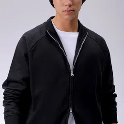 The Indian Garage Co Mens Black Relaxed Fit Solid Frontopen-Highneck Sweatshirts-image-2