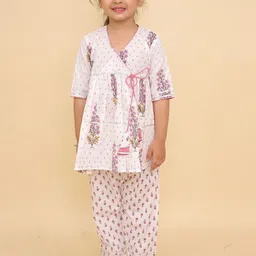 LITTLE GINNIE Girls Ethnic Motifs Printed Angrakha Pure Cotton Kurta with Pyjamas-image-46