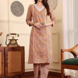 ADORNIA Women Floral Printed Regular Thread Work Pure Cotton Kurta with Trousers-picture-37