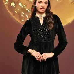 Lakshita Women Velvet Sequinned A-Line Kurti-image-46
