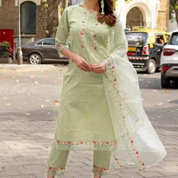 MITTOO Women Floral Embroidered Regular Pure Cotton Kurta with Trousers & With Dupatta-11