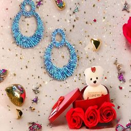 UNIVERSITY TRENDZ 2Pcs Red & Blue Dangle Earrings & Teddy Gift Set-40