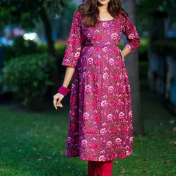 Aujjessa Floral Printed Pure Cotton Maternity Anarkali Kurta-picture-12