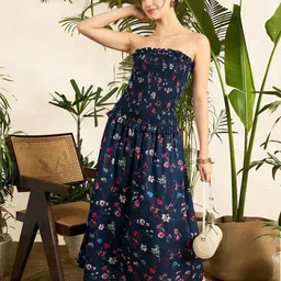 Uptownie Women Floral Printed Smocked & Tiered Drop Waist Maxi Dress-image-79