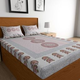 METRO LIVING Pink & White Ethnic Motifs Printed Cotton 104 TC Queen Bedsheet Set-image-95