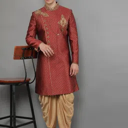 Manish Creations Embroidery Slim-Fit Mandarin Collar Neck Sherwani Set-image-8