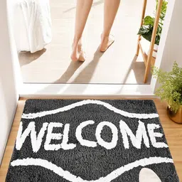 Aura Grey & White Welcome Microfiber Rectangle Soft Anti-Skid Doormats-image-77
