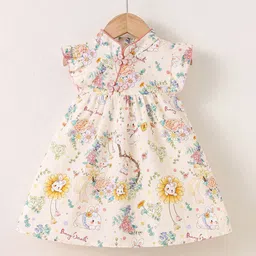 YK Girls Floral Print Mandarin Collar Flutter Sleeves Applique Fit & Flare Dress-picture-20
