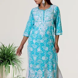 myplusfashion Floral Embroidered Round Neck Chikankari Kurta-picture-20