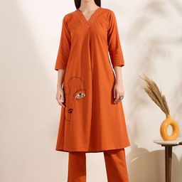 FASHOR Women Solid Embroidered A-Line Flared Tunic & Trousers Co-ord Set-image-58