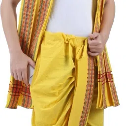 Prakasam Cotton Men's yellow Colour Panchakacham Readymade dhoti and towel set with pocket Solid Men Dhoti-image-46