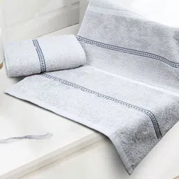 MYTRIDENT Grey & Blue 2 Pieces Striped 450 GSM Pure Cotton Hand Towels-72