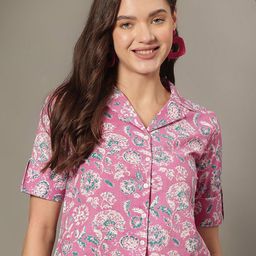 KALINI Women Floral Printed Roll-Up Sleeves Pure Cotton Shirt Style Crop Top-image-97