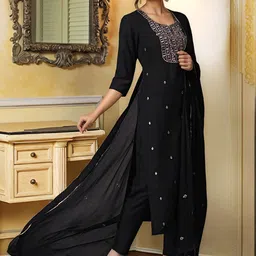 Aaghnya Women Floral Embroidered Regular Thread Work Kurta with Trousers & With Dupatta-picture-32