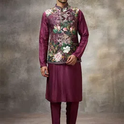Rivaar By Rocky Star Floral Printed Mandarin Collar Kurta With Pyjamas & Nehru jacket-picture-46