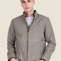 Leather Retail Men Mock Collar Checked Lightweight Woollen Bomber Jacket-picture-35