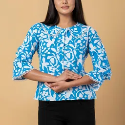 CORSICA Women Blue Print Peter Pan Collar Puff Sleeve Cotton Shirt Style Top-picture-1