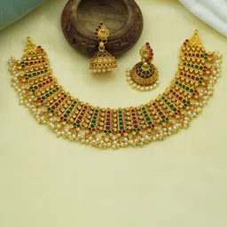 Diksha collection Brass-Plated Stone Studded & Beaded Matte Finish Jewellery Set-image-73