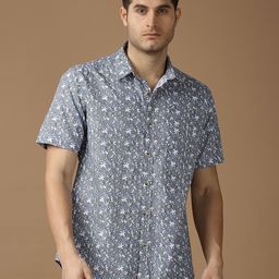 SNX Floral Printed Spread Collar Short Sleeves Cotton Tailored Fit Shirt-image-83