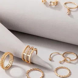 TheVineGirl Pack of 8 Women Gold Toned Crystal Drop Heart Multi Designs Rings-picture-19
