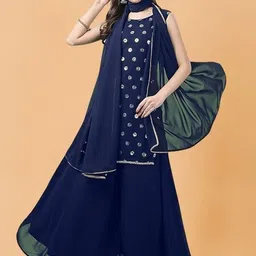 PARROT CREATION Geometric Embroidered Sequinned Georgette Kurti with Sharara And Dupatta-9