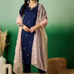 Sangria Navy Blue Floral Embroidered Thread Work Anarkali Kurta With Trouser & Dupatta-31