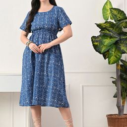DECKEDUP Elegence Edge Women Geometric Printed Round Neck Cotton Ft And Flare Dress-picture-37
