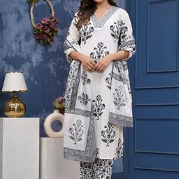 HERE&NOW Women Floral Printed Regular Pure Cotton Kurta & Trousers With Dupatta-image-99