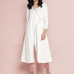 Ahalyaa V-Neck Angrakha Thread Work Velvet A-Line Kurta with Trousers-image-79