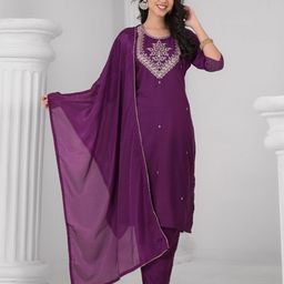 ODETTE Floral Embroidered Round Neck Sequinned Straight Kurta With Trousers & Dupatta-picture-13