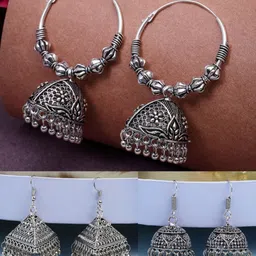 Anouk Set Of 3 German Silver Plated Oxidised Dome Shaped Jhumkas-93