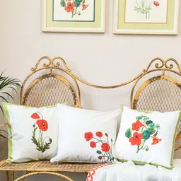 Crown of Poppies Blooming Garden 3 Pieces Floral Printed Cotton Square Cushion Covers-image-34