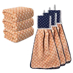 Kuber Industries 6Pcs Brown & White Printed Towels & Wash Basin Napkin Set-33