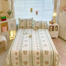 JC HOME White & Green Cotton Floral Printed 220 TC Queen Bedsheet Set 1.80 x 2.30m-picture-10