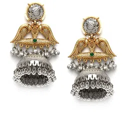 KARATCART Gold-Plated Dome Shaped Kundan Studded & Beaded Bird Motif Jhumkas image 5
