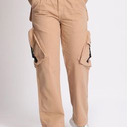 The Roadster Lifestyle Co Cotton High-Rise Cargo Trousers With Buckle Detailing-image-22