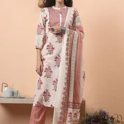 Yufta Women Floral Printed Regular Kantha Work Pure Cotton Kurta Set-picture-55