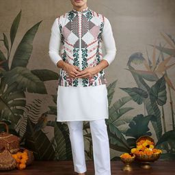 ODETTE Band Collar Kurta With Embroidered Jacket-picture-2
