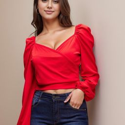 DressBerry Women Sweetheart Neck Puff Sleeve Wrap Crop Top-image-38