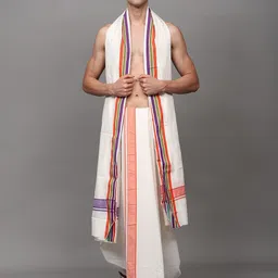 Exotic India Pure Cotton White Dhoti and Angavastram Set with Woven Border-image-5