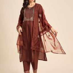 Anouk Rustic Floral Yoke Design SequnniedRuby Silk Straight Kurta With Trousers & Dupatta-picture-45