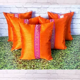 Pink Parrot Orange Colored 5 Pieces Printed Zari Jacquard Silk Square Cushion Covers-image-43