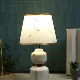 TAYHAA White & Gold-toned Printed Ceramic Contemporary Frusturical Shaped Table Lamp-picture-47