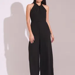 Globus Women Black Twisted Pleated Detail Keyhole Halter Neck Wide Leg Workwear Jumpsuit-12