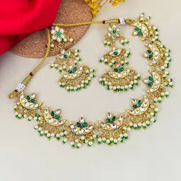 Zeviel Gold-Plated Kundan Studded And Beaded Choker Necklace With Jhumka Earrings Set-picture-8