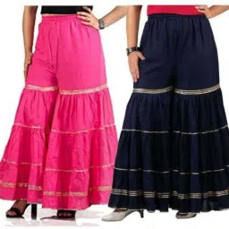 Pack of 2 Women Flared Pink, Dark Blue Viscose Rayon Trousers-image-3