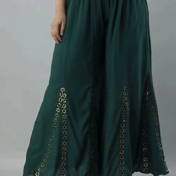 Women Flared Dark Green Cotton Blend Trousers-image-28